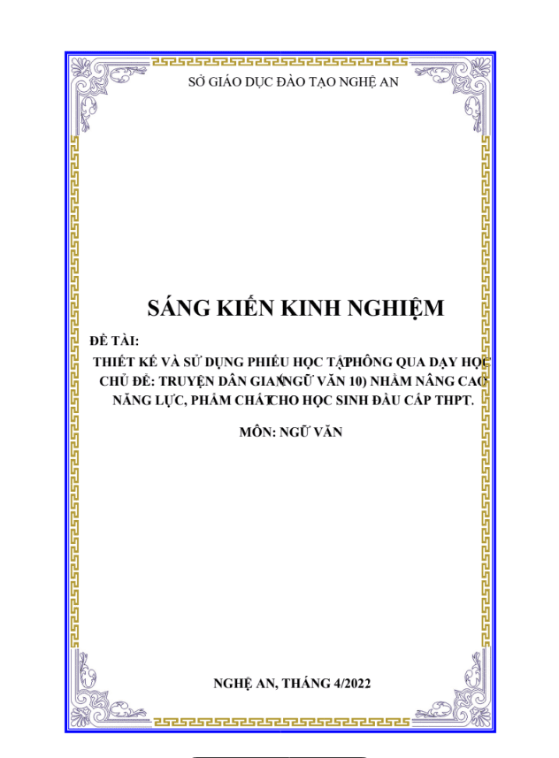 SKKN Thiết kế và sử dụng phiếu học tập thông qua dạy học chủ đề:Truyện dân gian (Ngữ văn 10) nhằm nâng cao năng lực, phẩm chất cho học sinh đầu cấp THPT