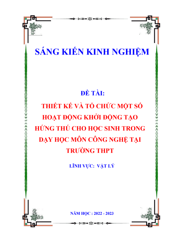 SKKN Thiết kế và tổ chức một số hoạt động khởi động tạo hứng thú cho học sinh trong dạy học môn Công Nghệ tại trường THPT