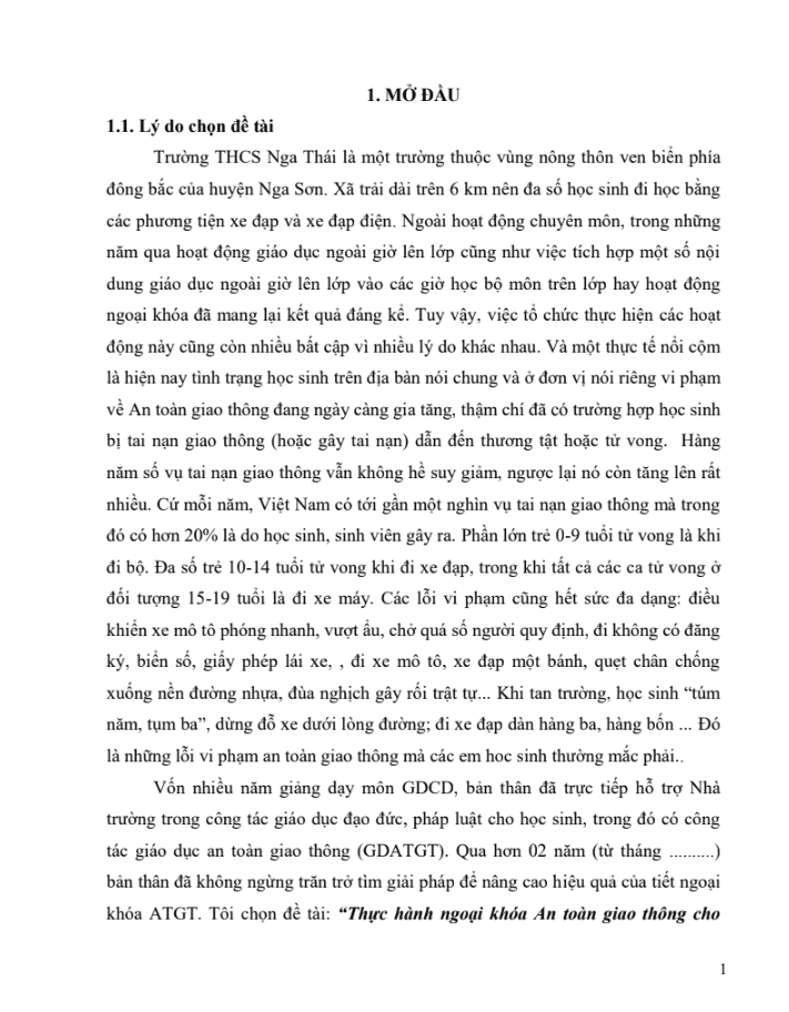 SKKN Thực hành ngoại khóa An toàn giao thông cho học sinh lớp 9 qua môn GDCD9