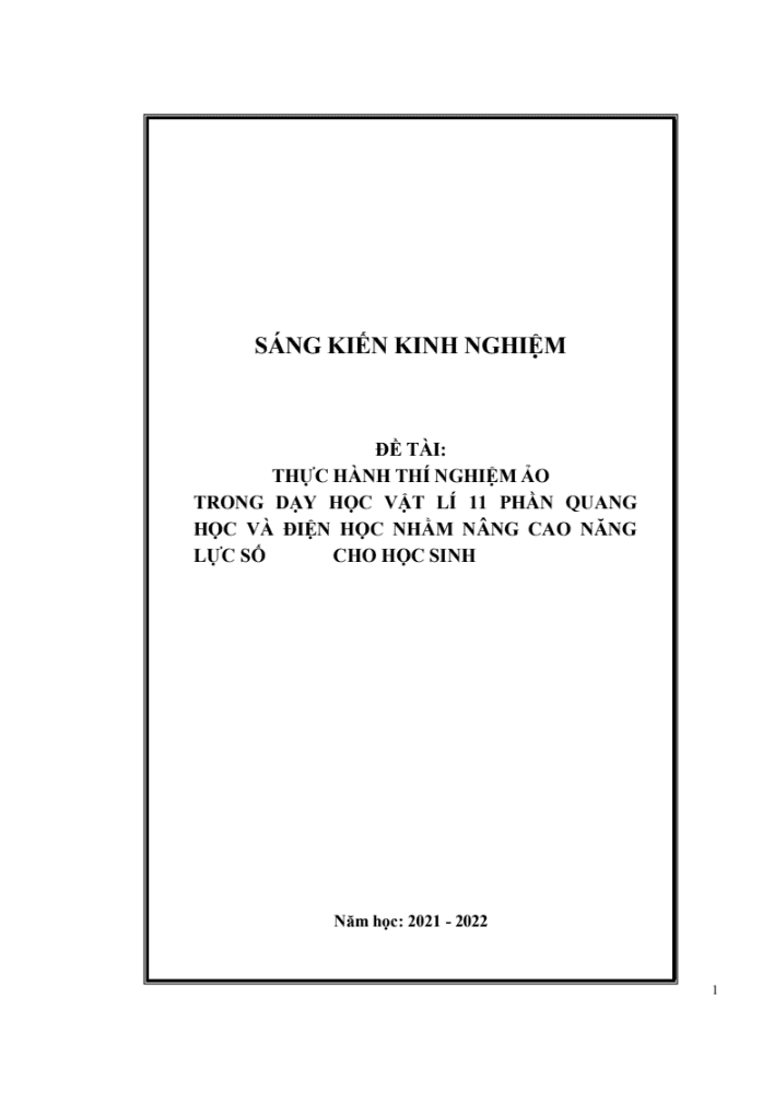 SKKN Thực hành thí nghiệm ảo trong dạy học Vật lí 11 phần quang học và điện học nhằm nâng cao năng lực số của HS tại trường THPT Hoàng Mai.