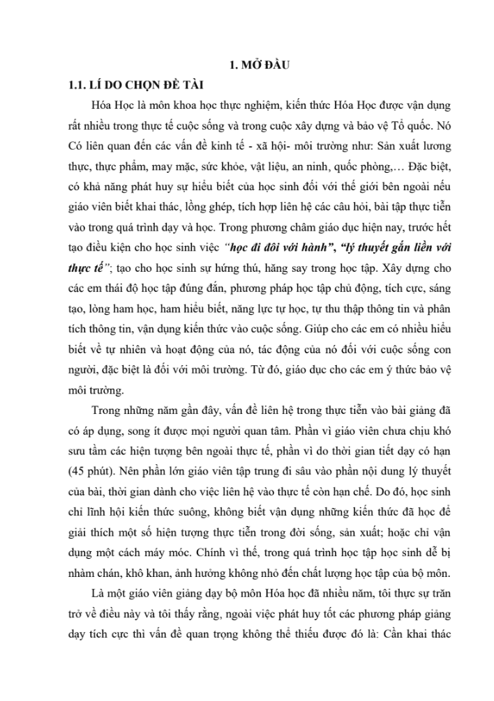 SKKN Tích hợp các hiện tượng hóa học trong thực tiễn vào bài giảng môn Hóa Học 9