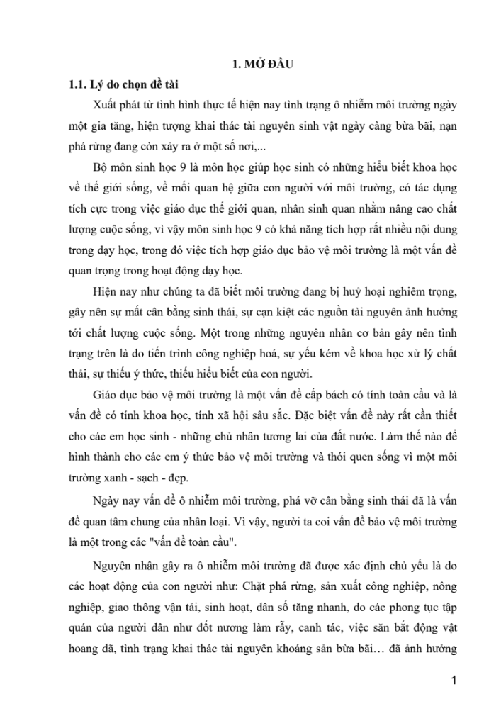 SKKN Tích hợp kiến thức bảo vệ môi trường trong dạy học Sinh học 9
