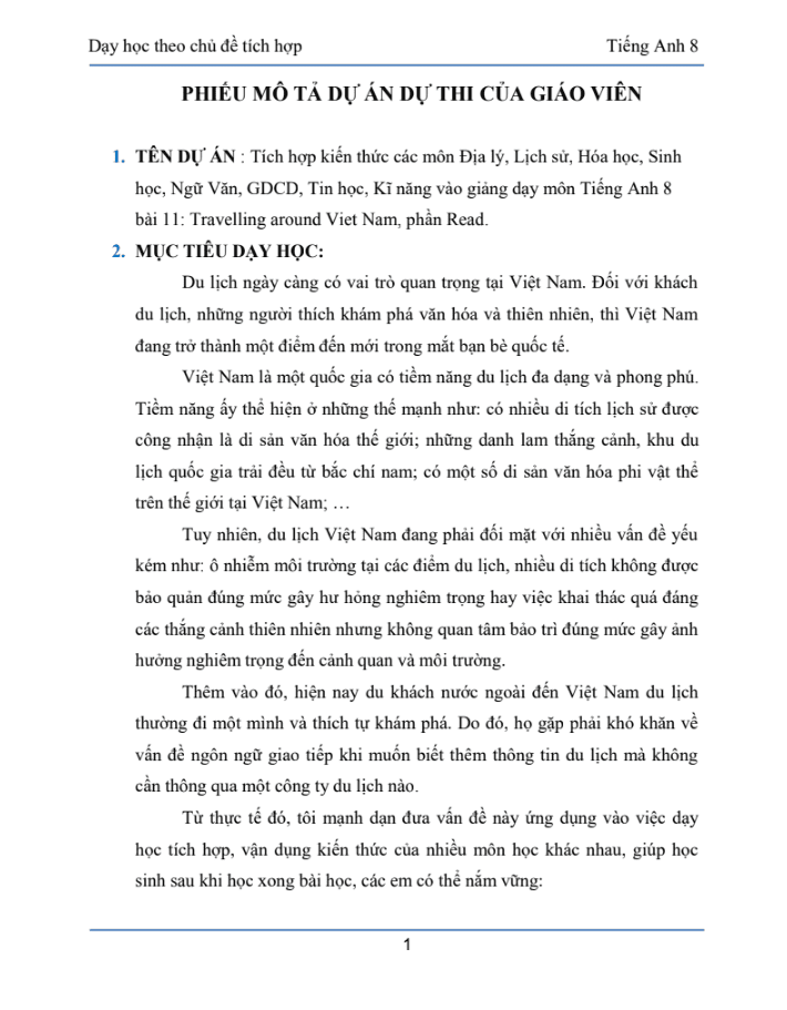 SKKN Tích hợp kiến thức các môn Địa lý, Lịch sử, Hóa học, Sinh học, Ngữ Văn, GDCD, Tin học, Kĩ năng vào giảng dạy môn Tiếng Anh 8 – Bài 11: Travelling around Viet Nam, phần Read