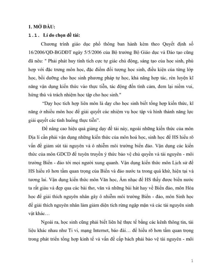 SKKN Tích hợp kiến thức liên môn nâng cao hiệu quả dạy bài 38 – 39: Phát triển tổng hợp kinh tế và bảo vệ tài nguyên – Môi trường biển đảo