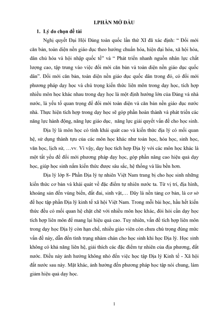 SKKN Tích hợp kiến thức liên môn trong dạy học bài: “Bảo vệ tài nguyên sinh vật Việt Nam” – Địa lý lớp 8