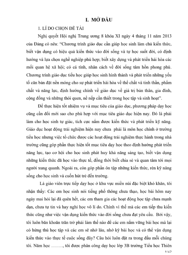 SKKN Tổ chức các hoạt động trải nghiệm thực hành cho học sinh lớp 3 vùng đặc biệt khó khăn