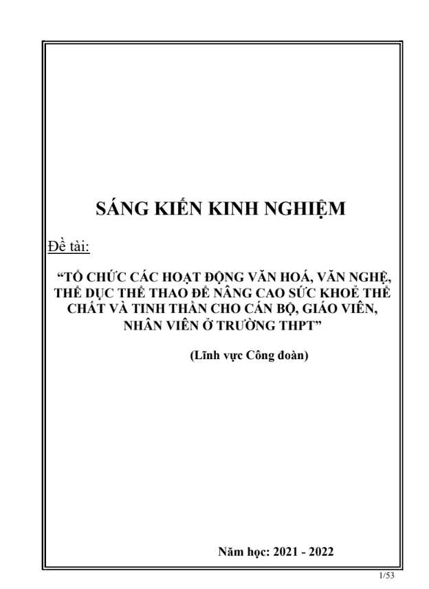 SKKN Tổ chức các hoạt động văn hoá, văn nghệ, thể dục thể thao để nâng cao sức khoẻ thể chất và tinh thần cho cán bộ, giáo viên, nhân viên trường THPT Quỳnh Lưu 3