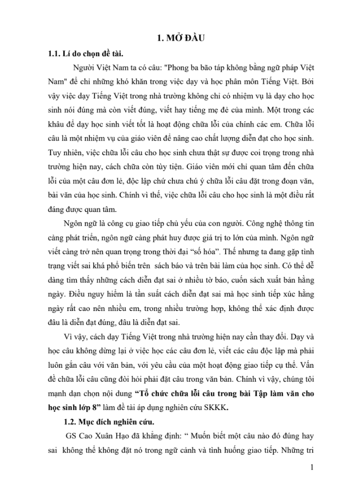 SKKN Tổ chức chữa lỗi câu trong bài Tập làm văn cho học sinh lớp 8