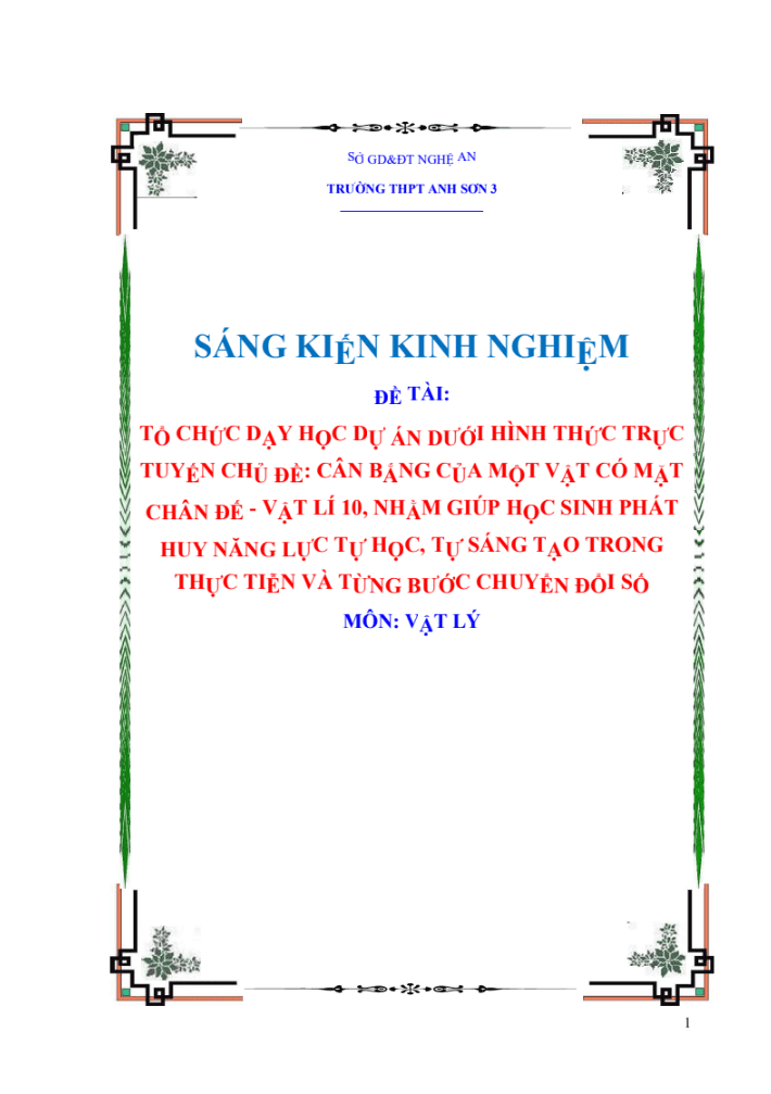 SKKN Tổ chức dạy học dự án dưới hình thức trực tuyến chủ đề: Cân bằng của một vật có mặt chân đế – vật lí 10, nhằm giúp HS phát huy năng lực tự học, tự sáng tạo trong thực tiễn và từng bước chuyển đổi số.