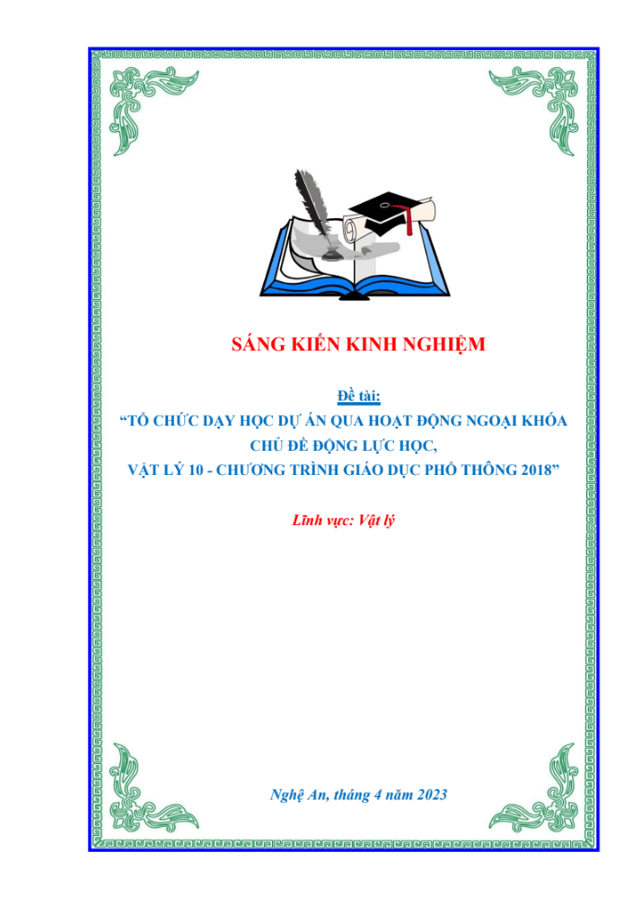 SKKN Tổ chức dạy học dự án qua hoạt động ngoại khóa chủ đề Động lực học, Vật lý 10 – Chương trình giáo dục phổ thông 2018
