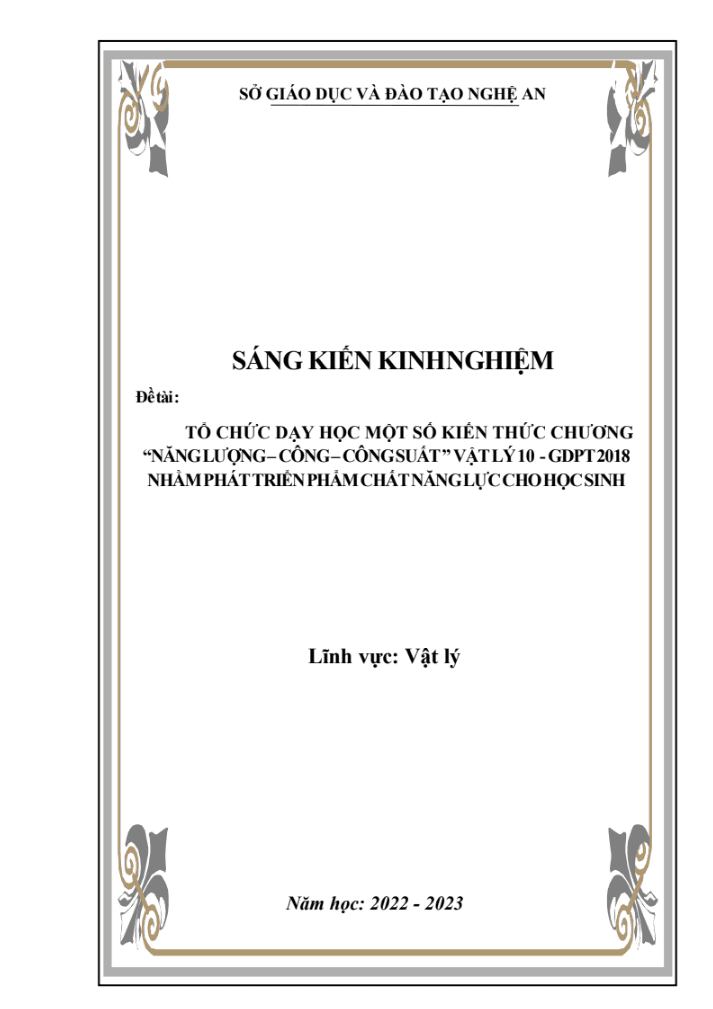 SKKN Tổ chức dạy học một số kiến thức chương “năng lượng – công – công suất ” vật lý 10 – gdpt 2018 nhằm phát triển phẩm chất năng lực cho học sinh