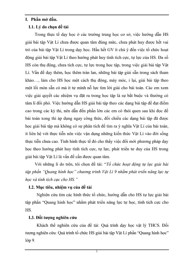 SKKN Tổ chức hoạt động tự lực giải bài tập phần “Quang hình học” chương trình Vật Lí 9 nhằm phát triển năng lực tự học và tính tích cực cho HS