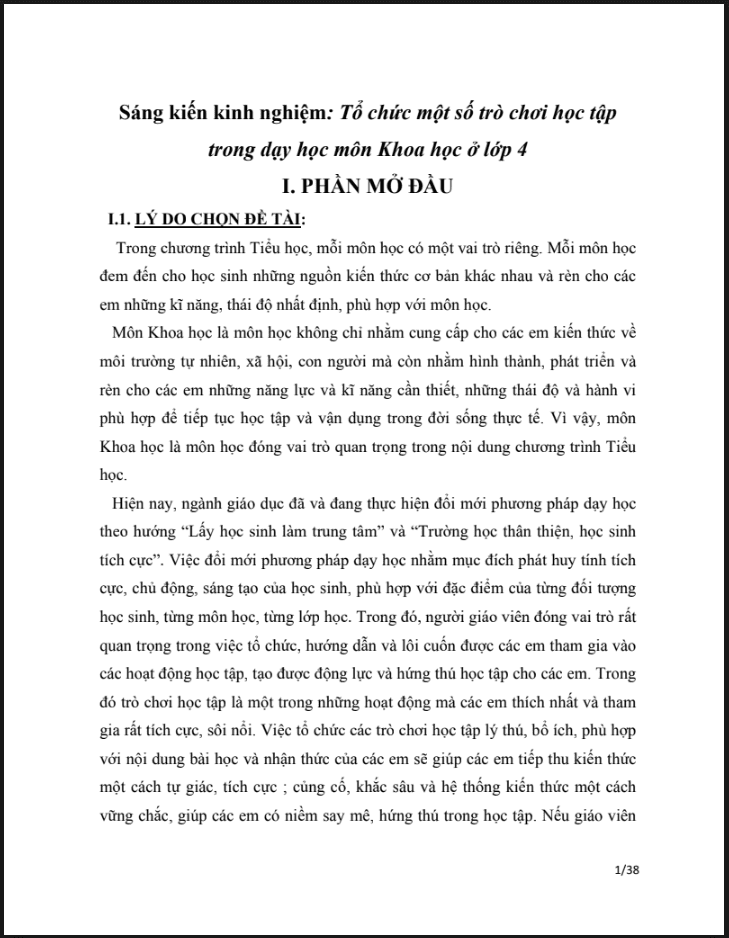 SKKN Tổ chức một số trò chơi học tập trong dạy học môn Khoa học ở lớp 4