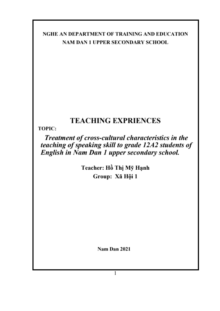 SKKN Treatment of cross-cultural characteristics in the teaching of speaking skill to grade 12A2 students of English in Nam Dan 1 upper secondary school.