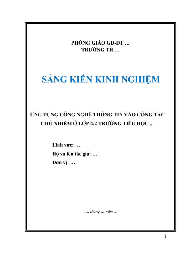 SKKN Ứng dụng công nghệ thông tin vào công tác chủ nhiệm ở lớp 4/2 trường Tiểu học …
