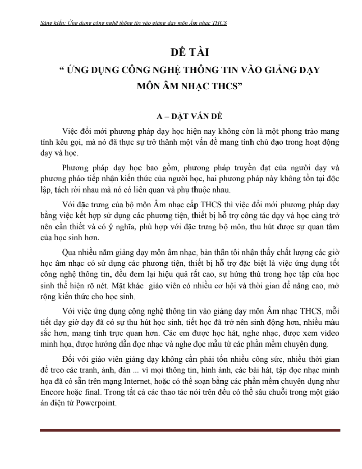 SKKN Ứng dụng công nghệ thông tin vào giảng dạy môn Âm nhạc
