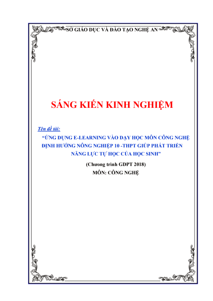 SKKN “ứng dụng e-learning vào dạy học môn công nghệ định hướng nông nghiệp 10 -thpt giúp phát triển năng lực tự học của học sinh”