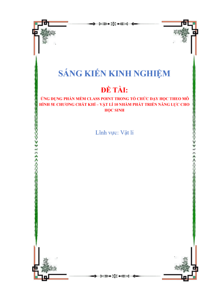 SKKN Ứng dụng phần mềm ClassPoint trong tổ chức dạy học theo mô hình 5E chương Chất khí – Vật lí 10 nhằm phát triển năng lực cho học sinh.