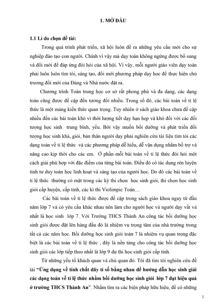 SKKN Ứng dụng về tính chất dãy tỉ số bằng nhau để hướng dẫn học sinh giải các dạng toán về tỉ lệ thức nhằm bồi dưỡng học sinh giỏi lớp 7 đạt hiệu quả