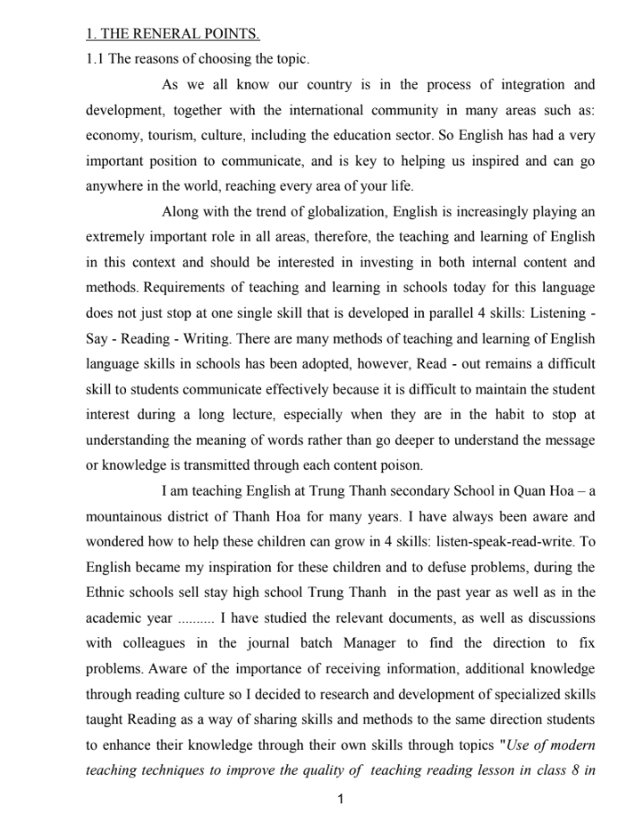SKKN Use of modern teaching techniques to improve the quality of teaching reading lesson in class 8
