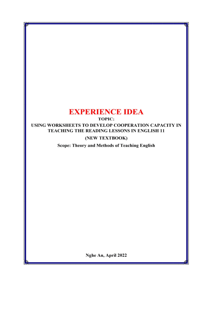 SKKN Using worksheets to develop cooperation capacity in teaching the reading lessons in English 11 (New Textbook)