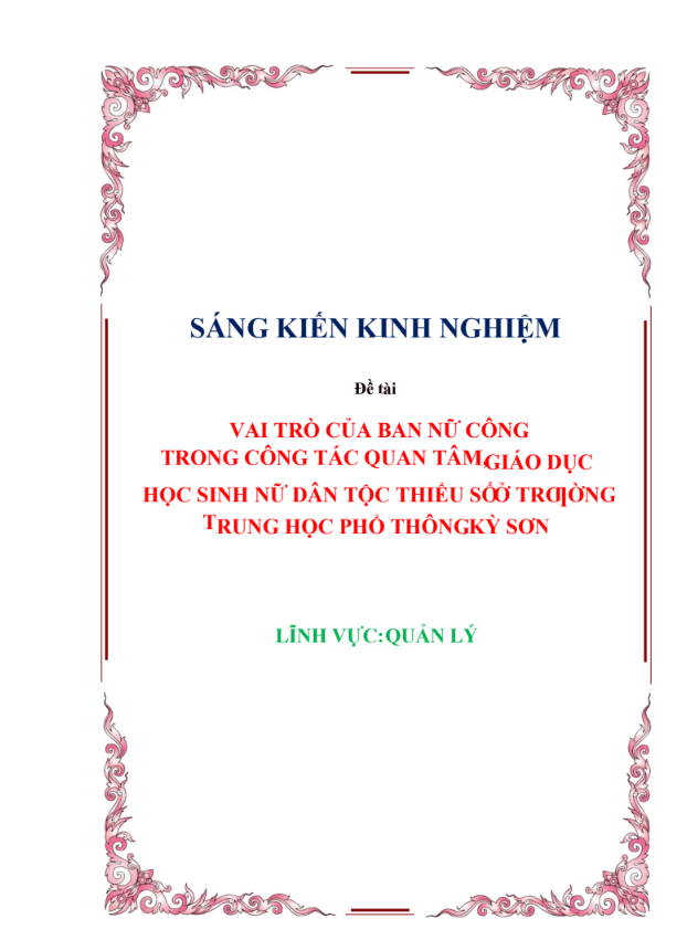 SKKN Vai trò của Ban nữ công trong công tác quan tâm, giáo dục học sinh nữ dân tộc thiểu số ở trường THPT Kỳ Sơn