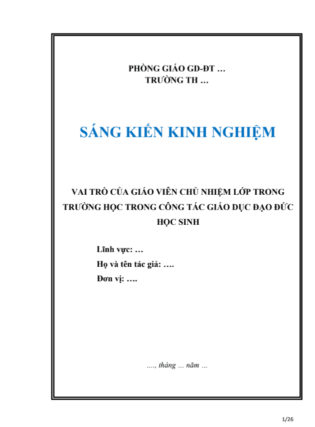 SKKN Vai trò của giáo viên chủ nhiệm lớp trong trường học trong công tác giáo dục đạo đức học sinh