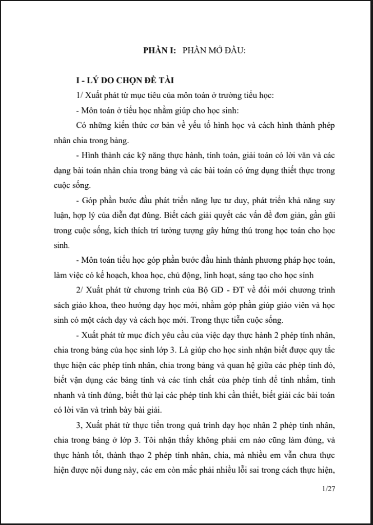 SKKN Vấn đề giúp đỡ học sinh chưa hoàn thành khắc phục khó khăn khi thực hành 2 phép tính nhân, chia trong bảng cho học sinh lớp 3