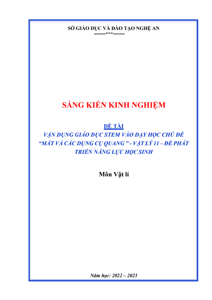 SKKN Vận dụng giáo dục STEM vào dạy học chủ đề “ Mắt và các dụng cụ quang” – Vật lý 11 – để phát triển năng lực học sinh