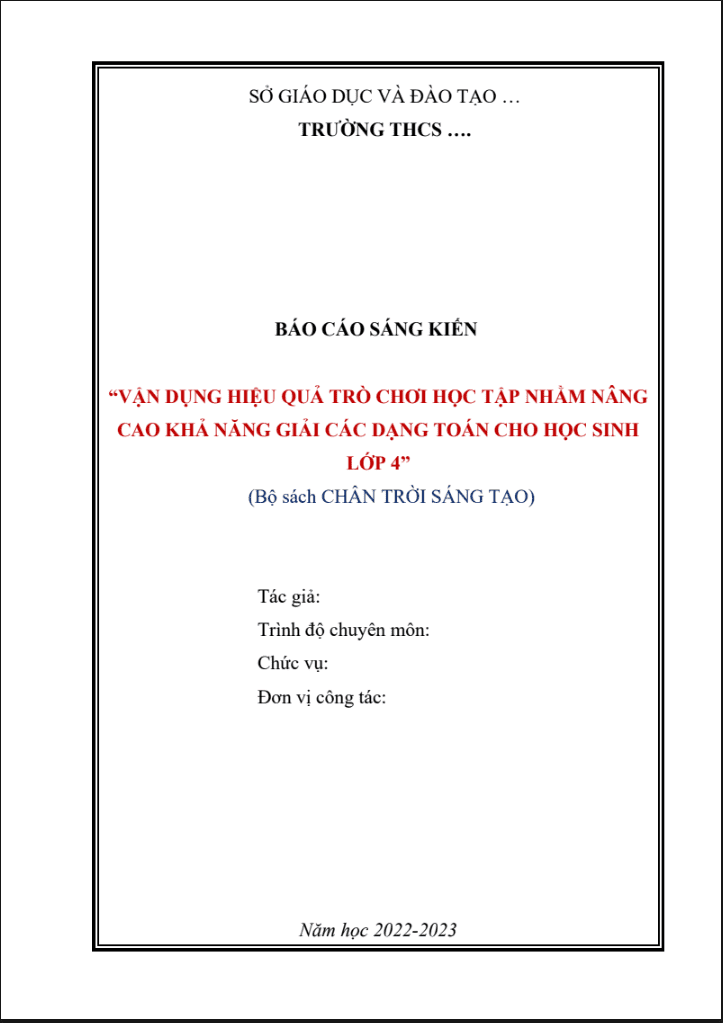SKKN Vận dụng hiệu quả trò chơi học tập nhằm nâng cao khả năng giải các dạng toán cho học sinh lớp 4 (Bộ sách Chân trời sáng tạo)