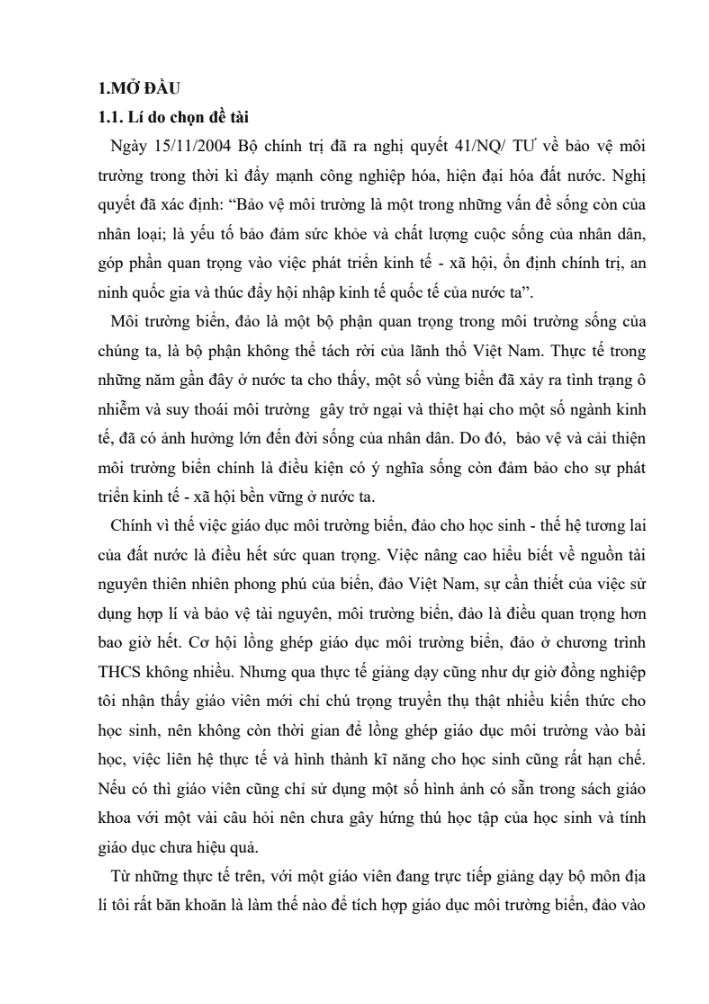 SKKN Vận dụng kĩ thuật KWL vào dạy bài 39 – Địa lí 9 để giáo dục môi trường biển, đảo cho học sinh lớp 9