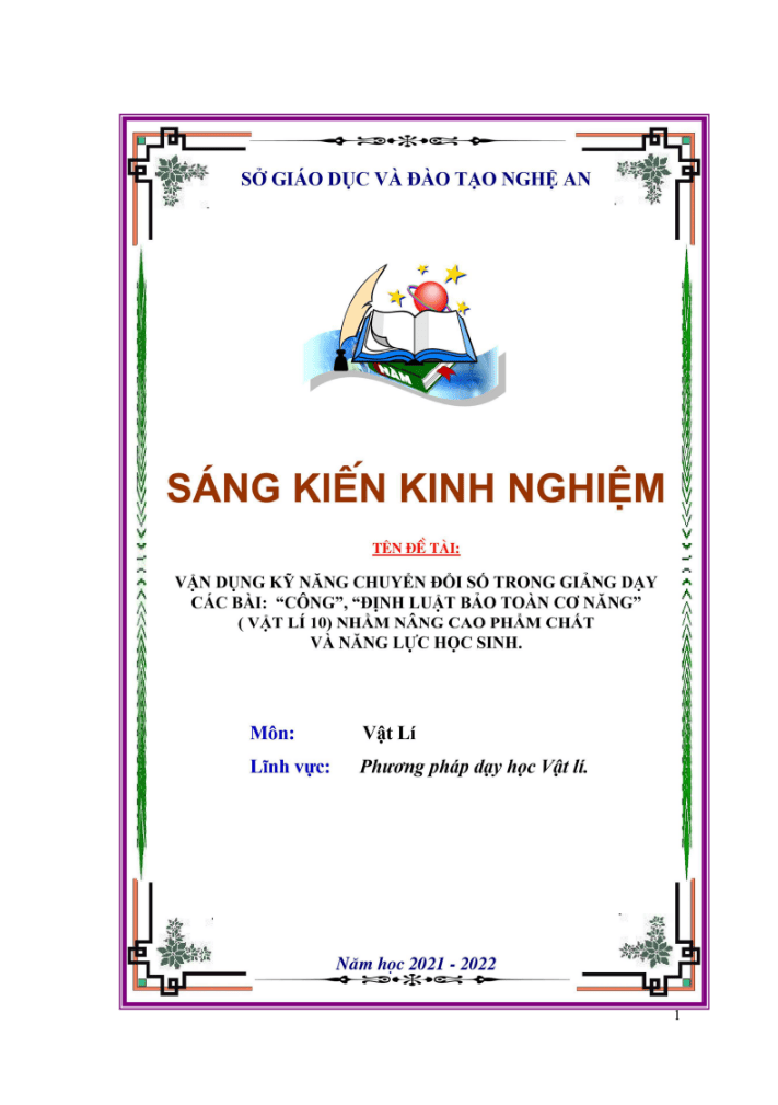 SKKN Vận dụng kỹ năng chuyển đổi số trong giảng dạy các bài: “công”, “định luật bảo toàn cơ năng” ( vật lí 10) nhằm nâng cao phẩm chất và năng lực học sinh.