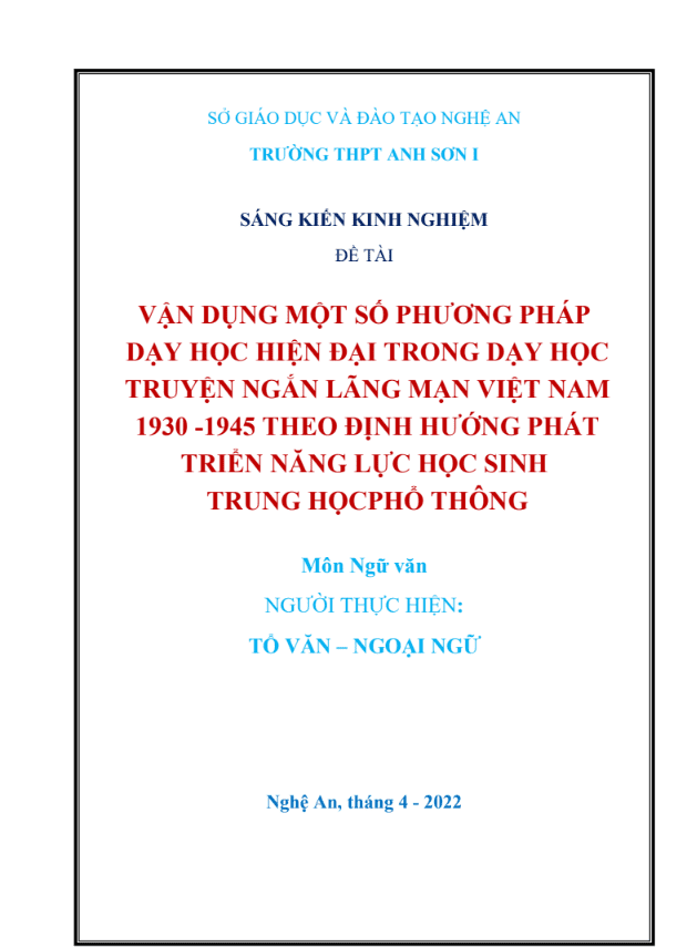 SKKN Vận dụng một số phương pháp dạy học hiện đại trong dạy học truyện ngắn lãng mạn Việt Nam 1930 – 1945 theo định hướng phát triển năng lực học sinh THPT.