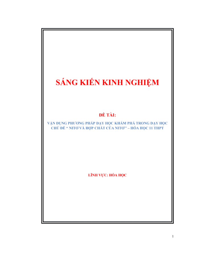 SKKN Vận dụng phương pháp dạy học khám phá trong dạy học chủ đề “Nitơ và hợp chất của Nitơ”- Hóa học 11 THPT