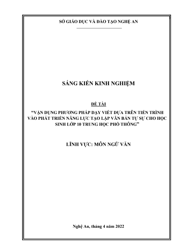 SKKN Vận dụng phương pháp dạy viết dựa trên tiến trình vào phát triển năng lực tạo lập văn bản tự sự cho học sinh lớp 10 trung học phổ thông