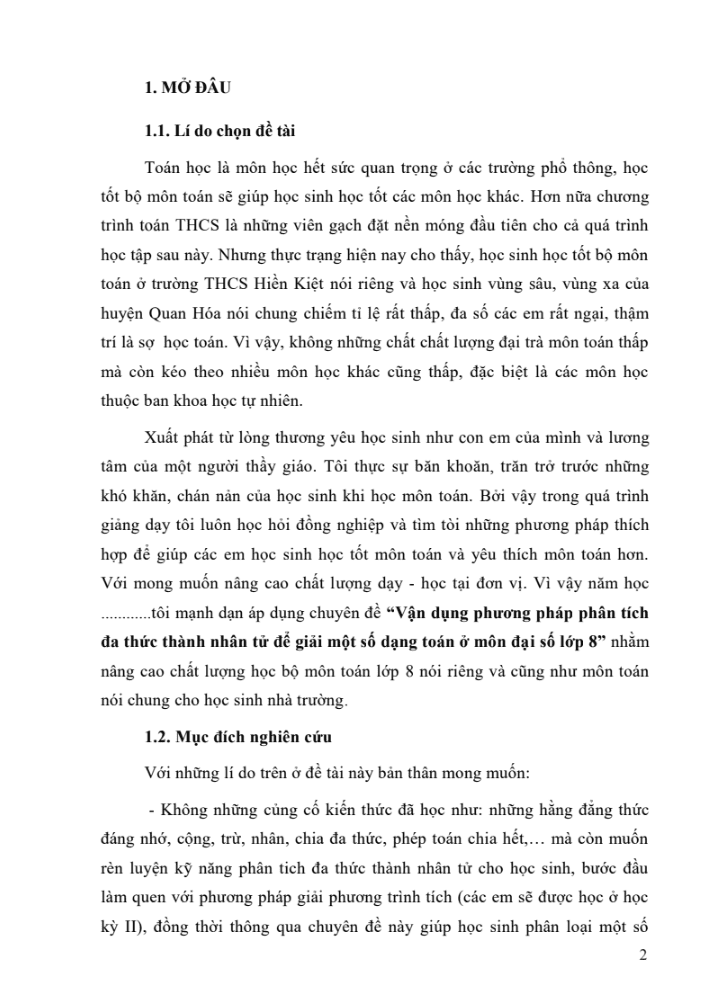 SKKN Vận dụng phương pháp phân tích đa thức thành nhân tử để giải một số dạng bài toán ở môn Đại số lớp 8