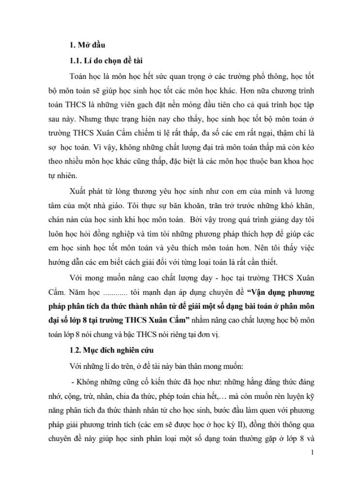 SKKN Vận dụng phương pháp phân tích đa thức thành nhân tử để giải một số dạng bài toán ở phân môn Đại số lớp 8