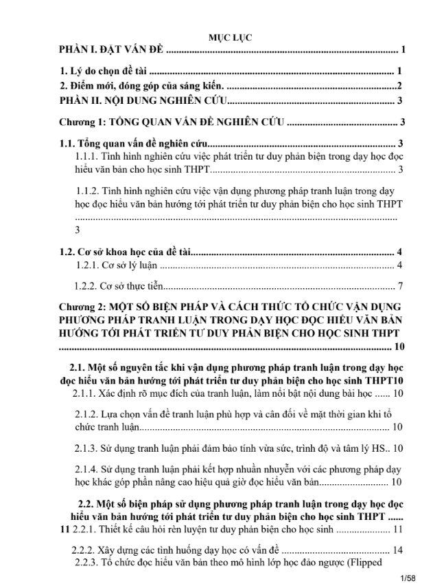 SKKN Vận dụng phương  pháp tranh luận trong dạy học đọc hiểu văn bản hướng tới phát triển tư duy  phản biện cho học sinh THPT