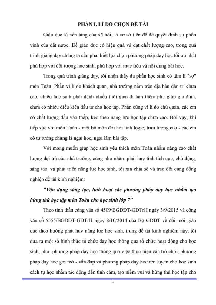 SKKN Vận dụng sáng tạo, linh hoạt các phương pháp dạy học nhằm tạo hứng thú học tập môn Toán cho học sinh Lớp 7