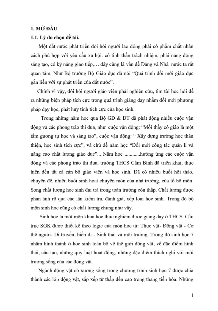 SKKN Xây dựng hệ thống câu hỏi so sánh, phục vụ giảng dạy các bài cấu tạo trong, ngành động vật có xương sống trong chương trình Sinh học 7