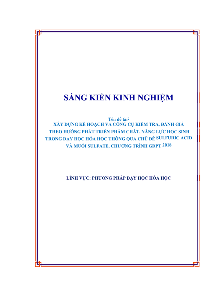 SKKN Xây dựng kế hoach và công cụ kiểm tra, đánh giá theo hướng phát triển phẩm chất, năng lực học sinh trong dạy học hóa học thông qua chủ đề sulfuric acid và muối sulfate, chương trình GDPT 2018