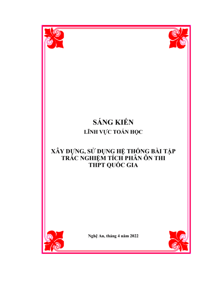 SKKN XÂY DỰNG, SỬ DỤNG HỆ THỐNG BÀI TẬP TRẮC NGHIỆM TÍCH PHÂN ÔN THI THPT QUỐC GIA