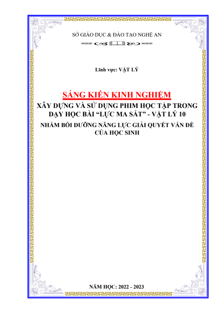 SKKN Xây dựng và sử dụng phim học tập trong dạy học bài Lực ma sát – Vật lí 10 nhằm bồi dưỡng năng lực giải quyết vấn đề cho học sinh
