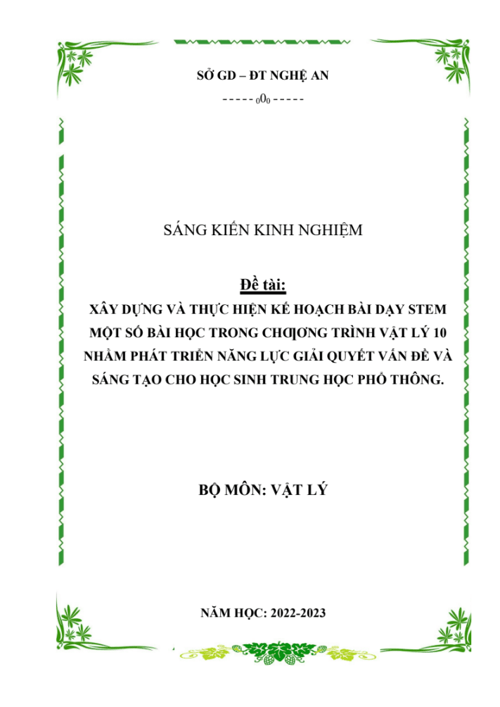 SKKN Xây dựng và thực hiện bài dạy STEM một số bài học trong chƣơng trình Vật lí 10 nhằm phát triển năng lực giải quyết vấn đề và sáng tạo cho học sinh THPT