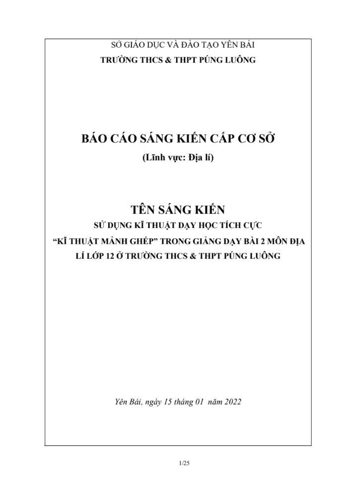 Sử dụng kĩ thuật dạy học tích cực “Kĩ thuật mảnh ghép” trong giảng dạy bài 2 môn Địa lí lớp 12 ở Trường THCS&THPT