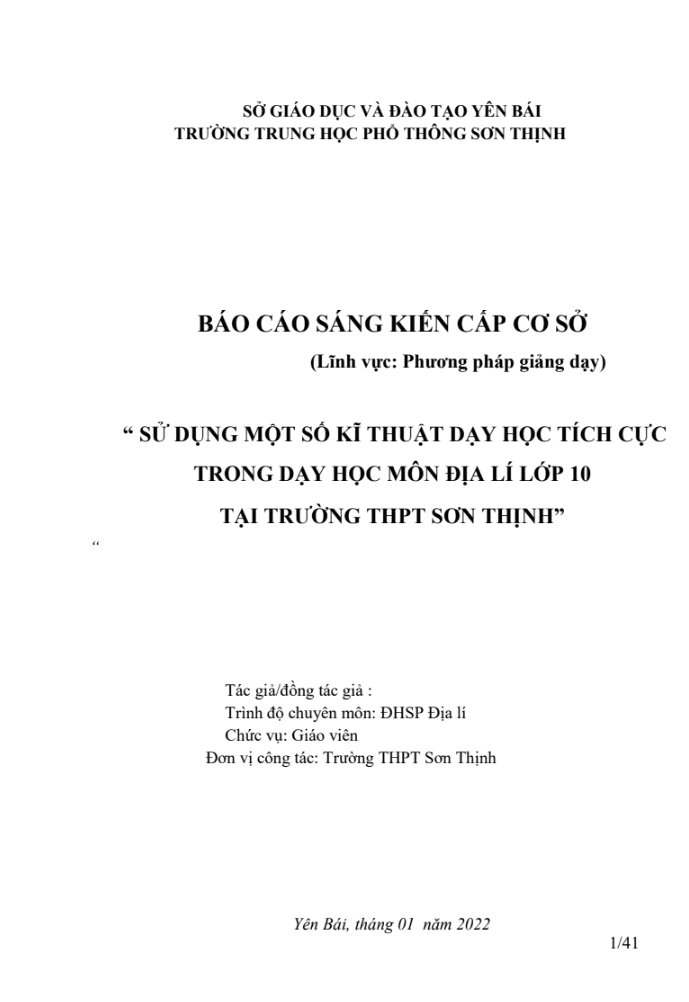 Sử dụng một số kĩ thuật dạy học tích cực trong dạy học môn Địa lí lớp 10 tại trường THPT Sơn Thịnh