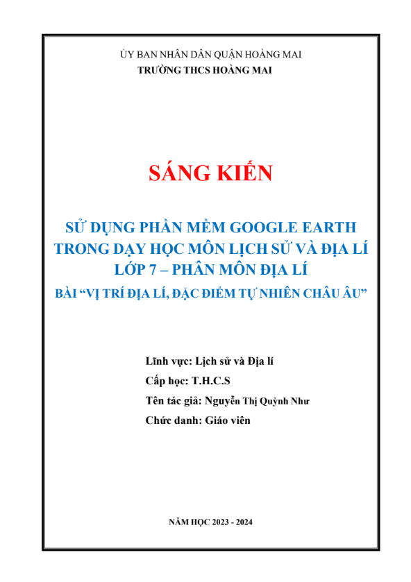 sử dụng phần mềm google earth trong dạy học môn lịch sử và địa lí lớp 7 – phân môn địa lí – bài “vị trí địa lí, đặc điểm tự nhiên châu âu”