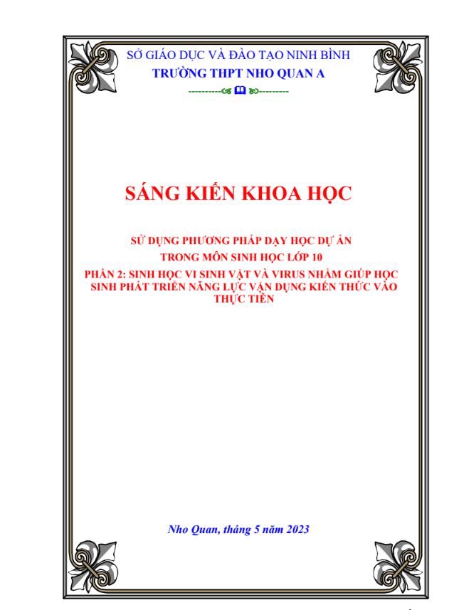 Sử dụng phương pháp dạy học dự án trong môn Sinh học lớp 10 Phần 2 Sinh học vi sinh vật và virus nhằm giúp học sinh phát triển năng lực vận dụng kiến thức vào thực tiễn Chân trời sáng tạo