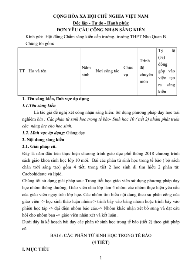 Sử dụng phương pháp dạy học trải nghiệm bài Các phân tử sinh học trong tế bào ( tiết 2) – Sinh học 10 nhằm phát triển các năng lực cho học sinh Chân trời sáng tạo