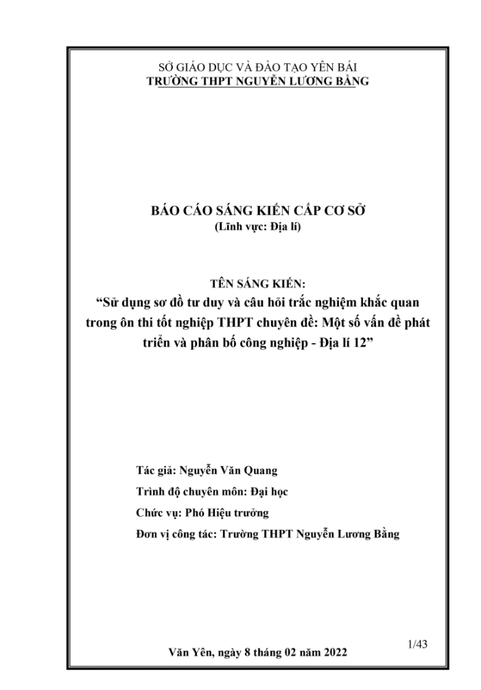 Sử dụng sơ đồ tư duy và câu hỏi trắc nghiệm khách quan trong ôn thi tốt nghiệp THPT chuyên đề “Một số vấn đề phát triển và phân bố công nghiệp”